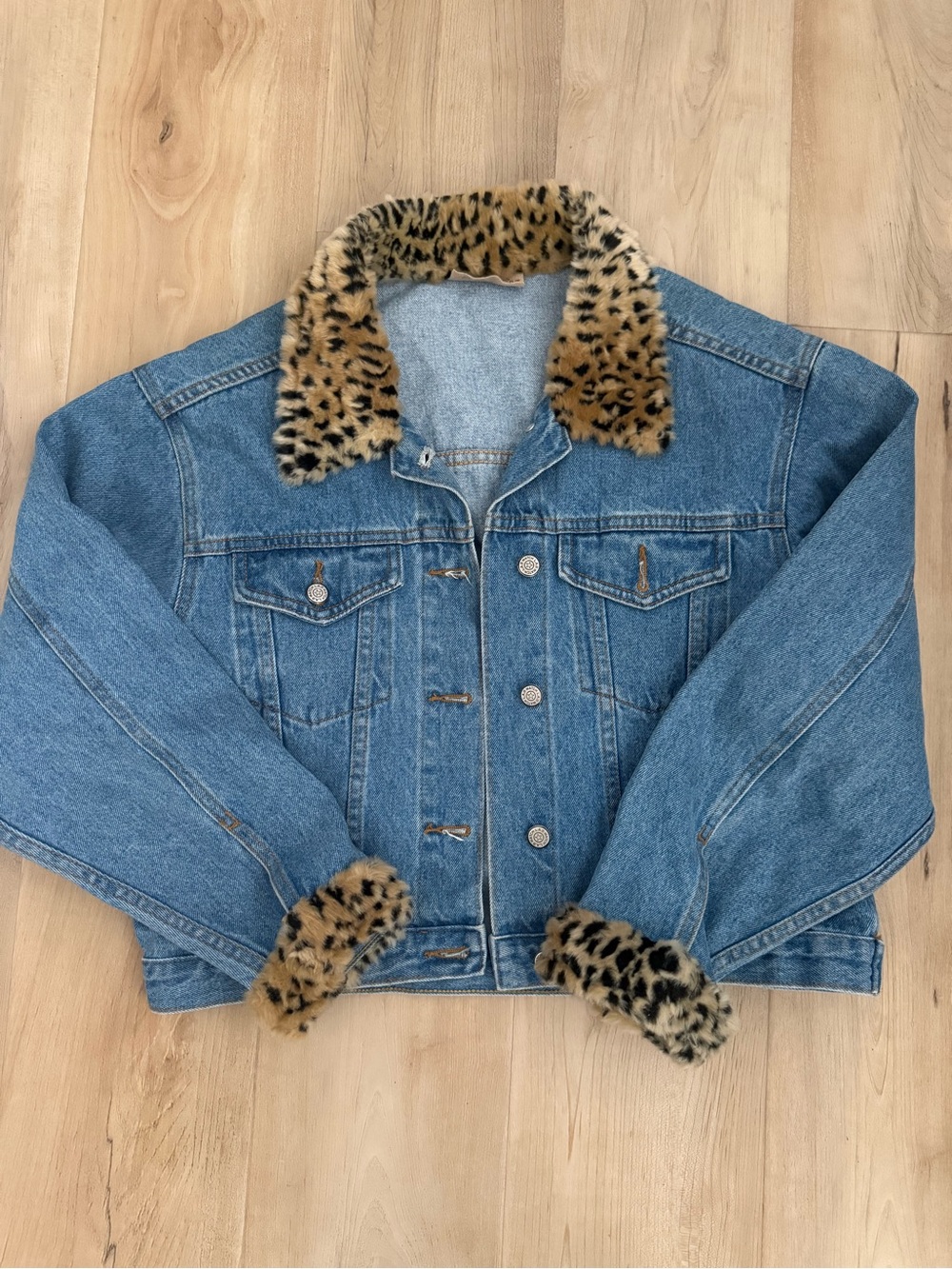 Faux Leopard Trim Blue Denim Jacket - Women's Jean Jacket